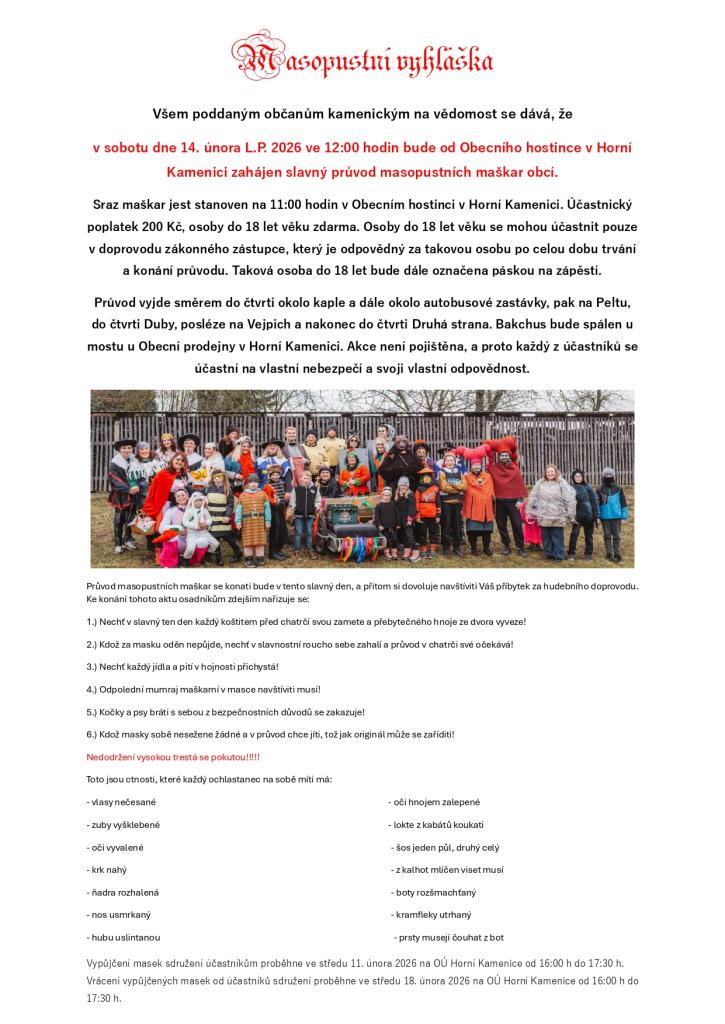 Masopustní sdružení: Masopustní průvod 2026 Masopustní sdružení: Masopustní průvod 2026